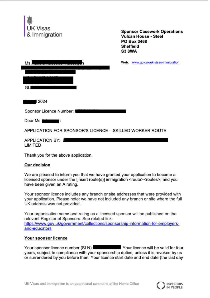 sponsor licence for care provider