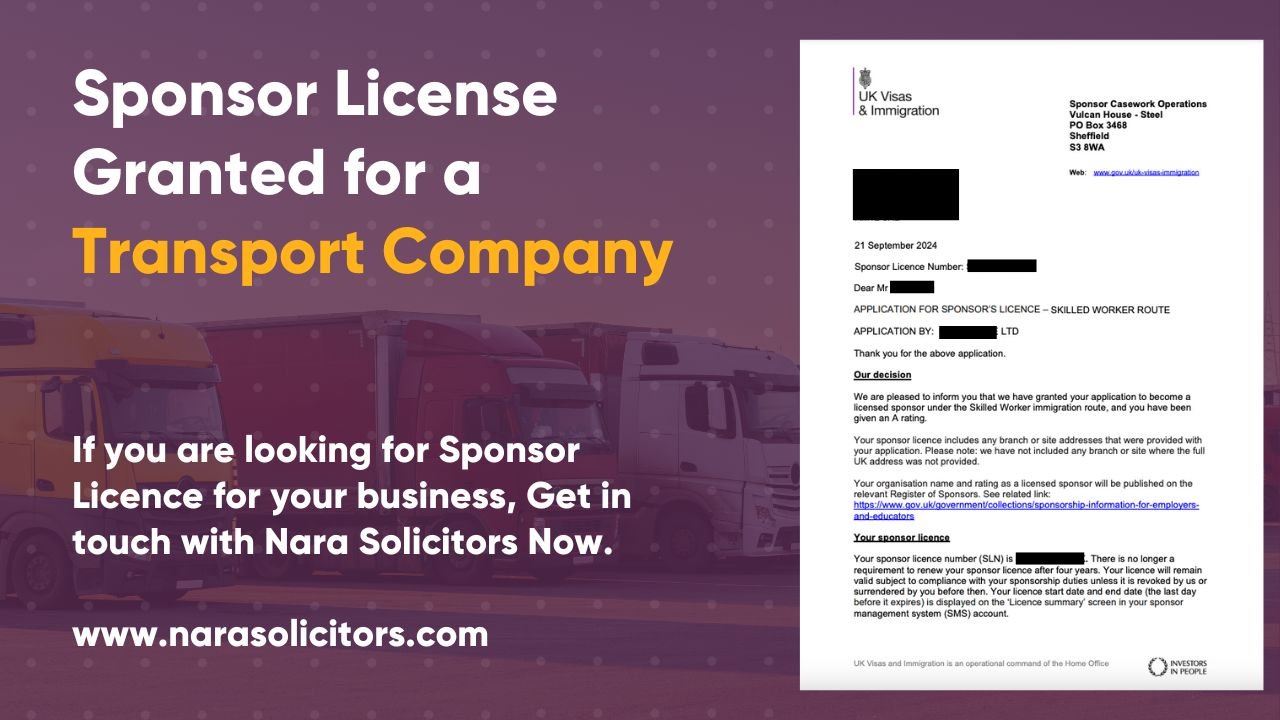 Transport Company Gets Sponsor Licence in 4 Working Days with Nara Solicitors