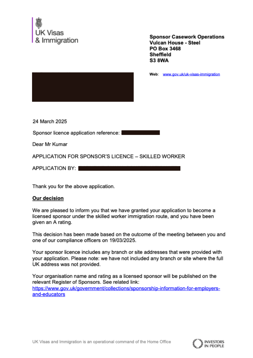 sponsor licence secured for construction company