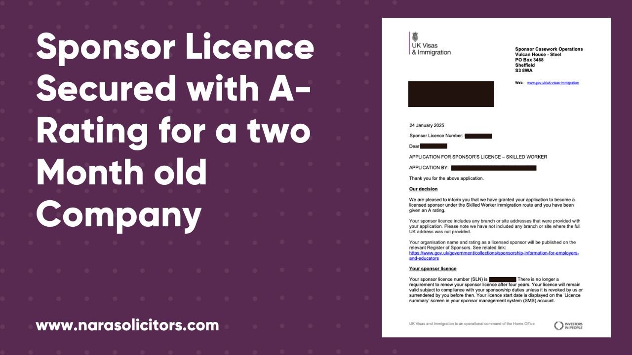 Sponsor Licence Secured with A-Rating in Record Time for a 2 Month old Company